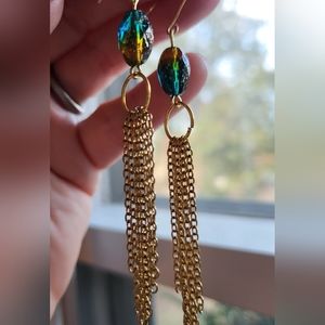 Gold chain earrings with gold and green Czech glass